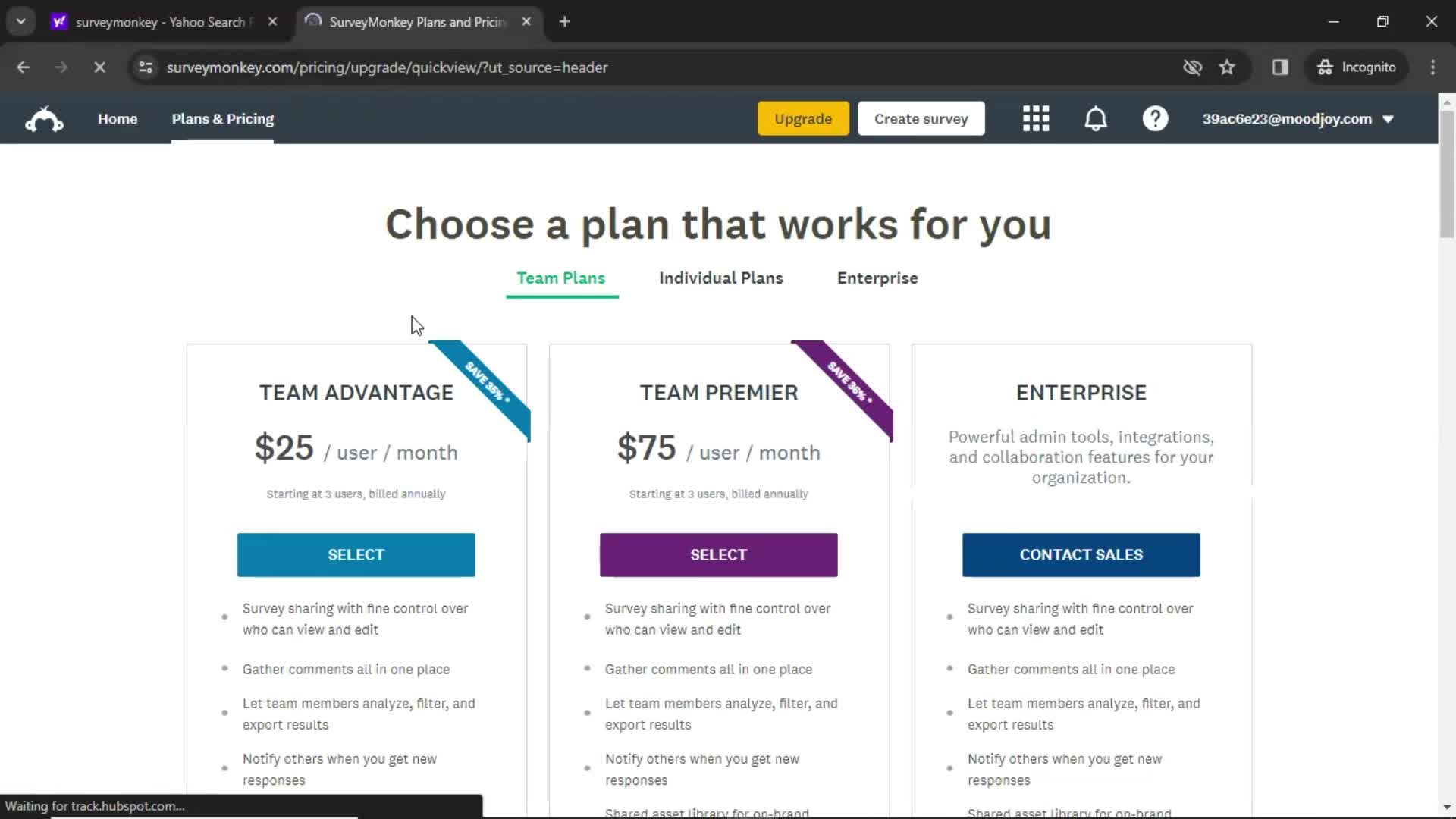 SurveyMonkey select plan screenshot