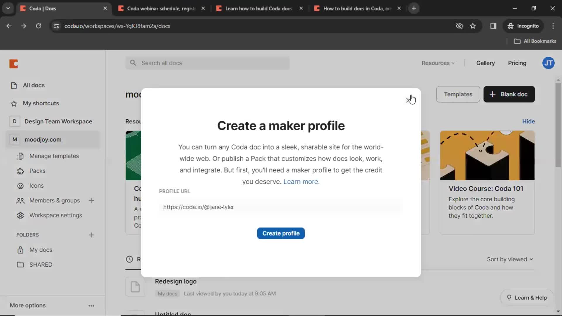 Coda create profile screenshot
