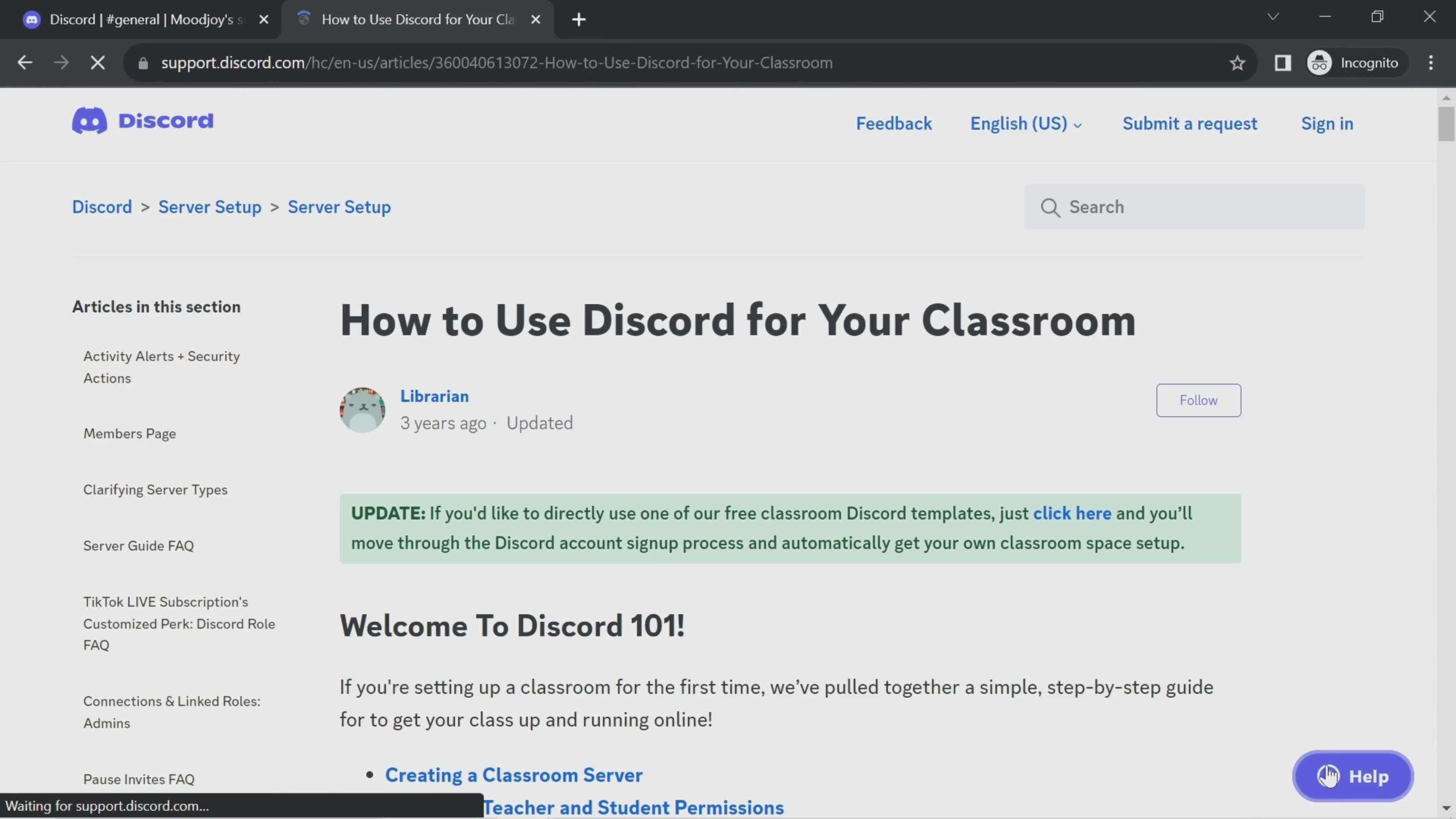 Discord help center article screenshot