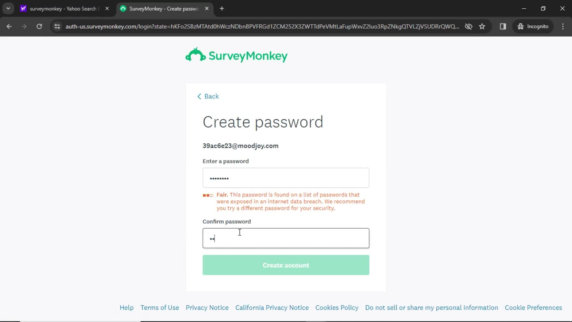 SurveyMonkey confirm password screenshot