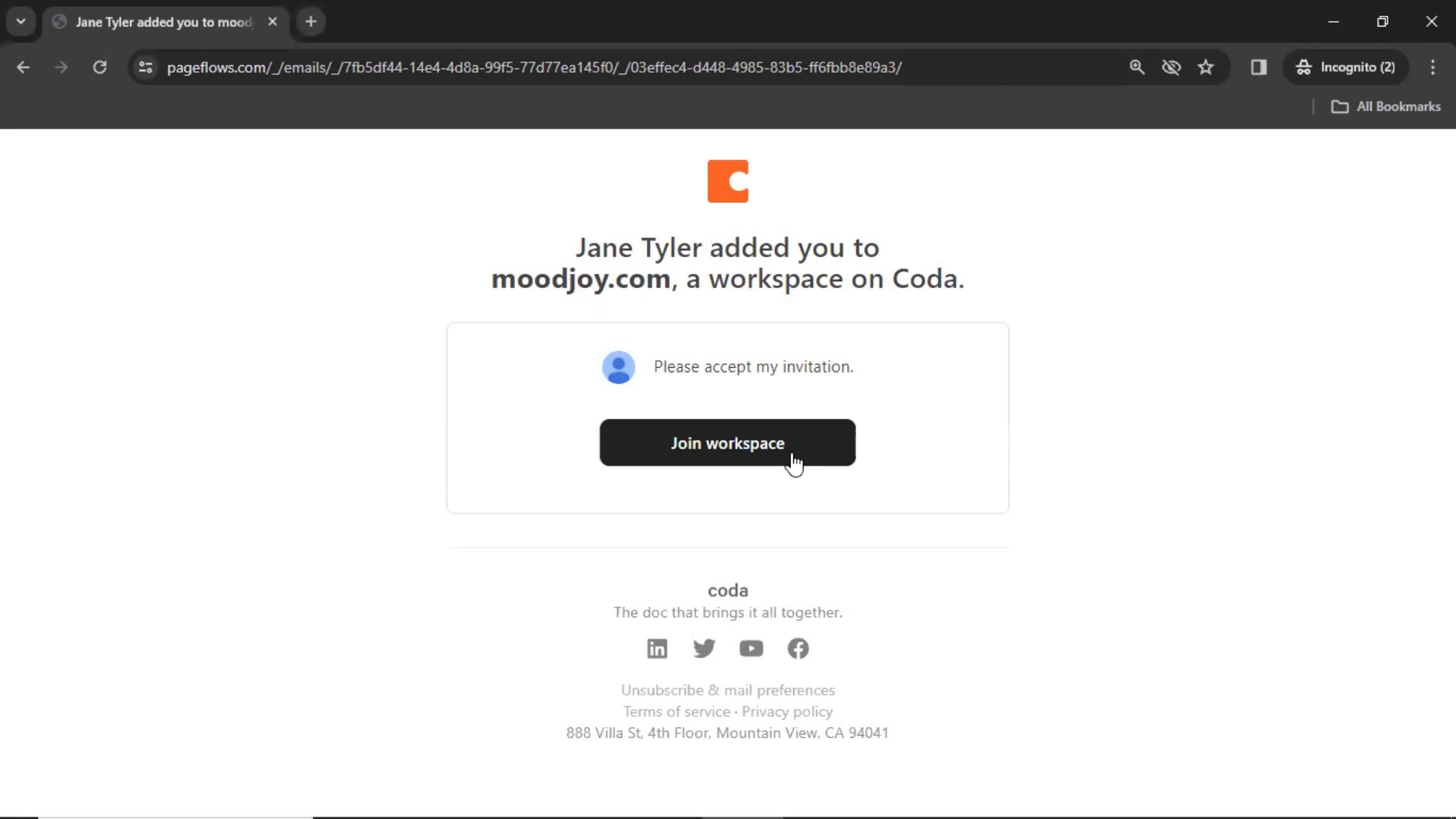 Screenshot of Accepting an invite on Coda