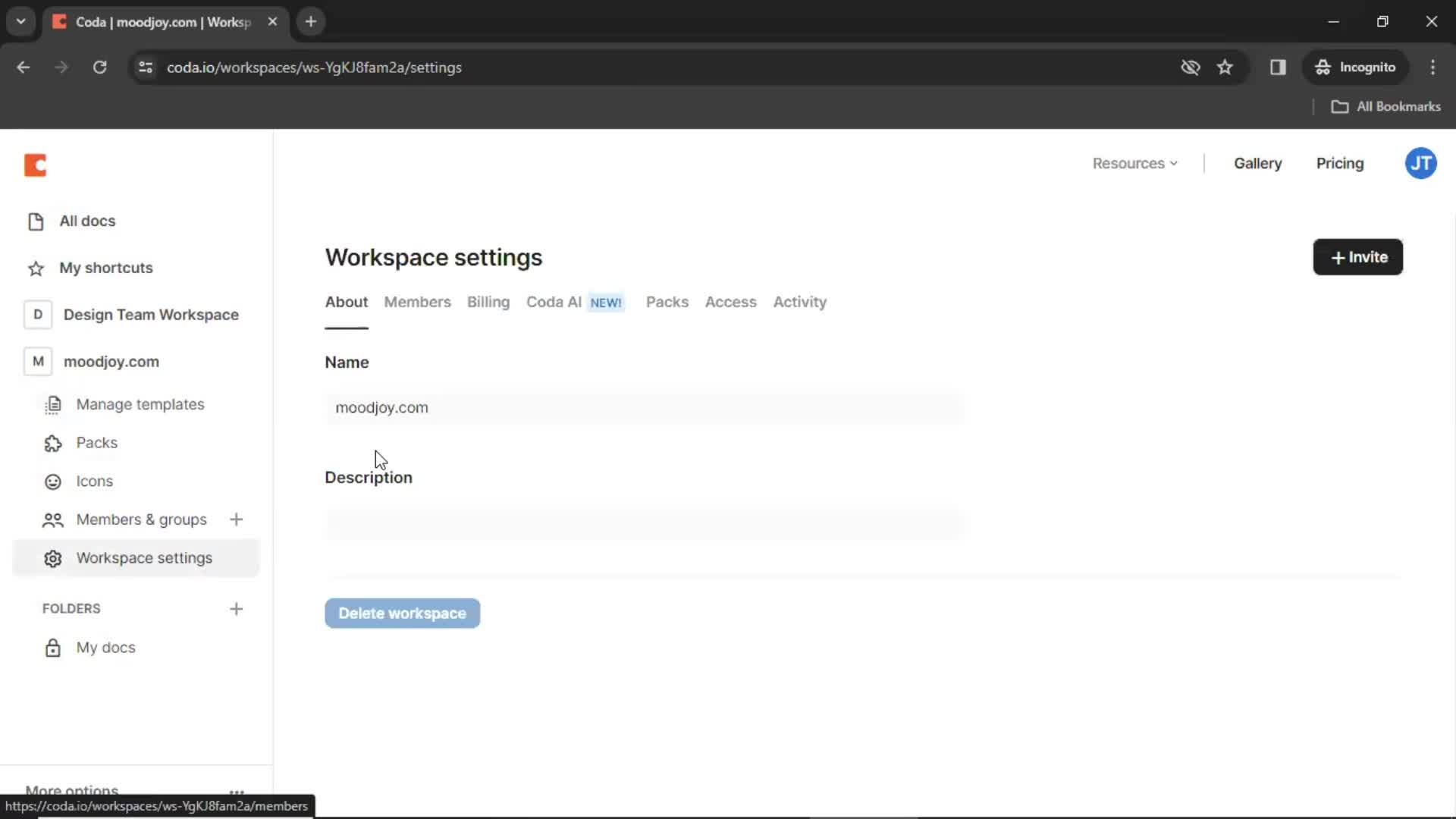 Coda workspace settings screenshot