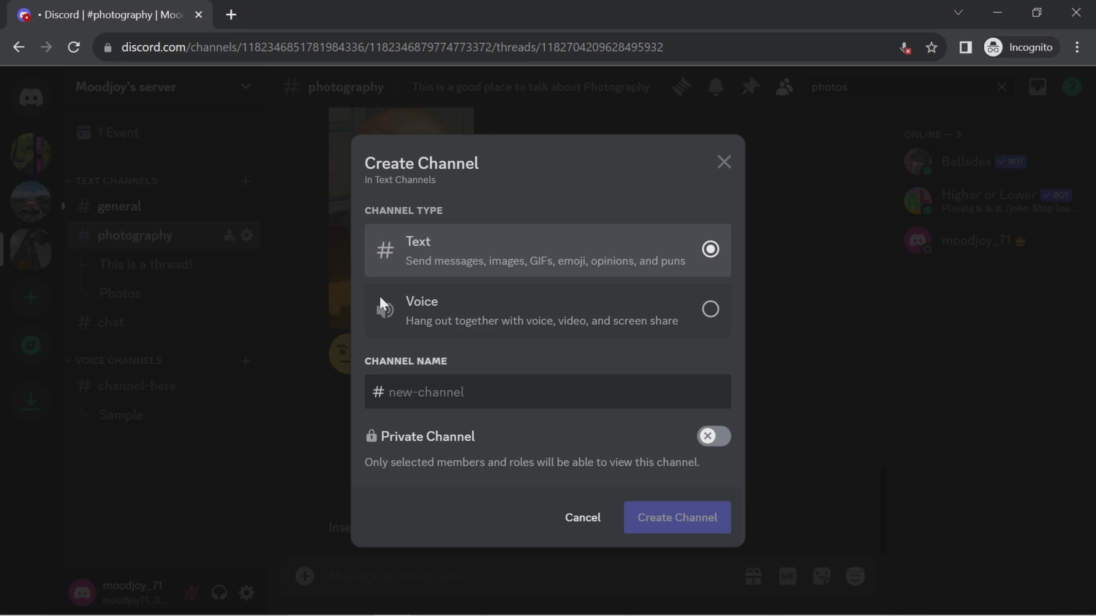 Discord create channel screenshot