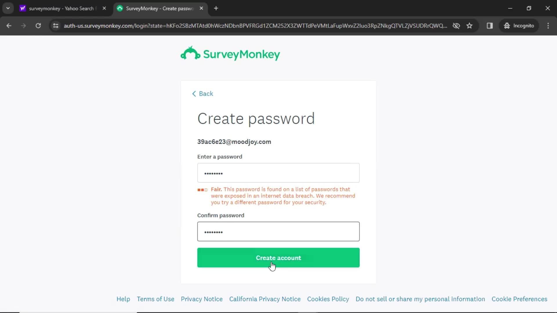 SurveyMonkey create account screenshot