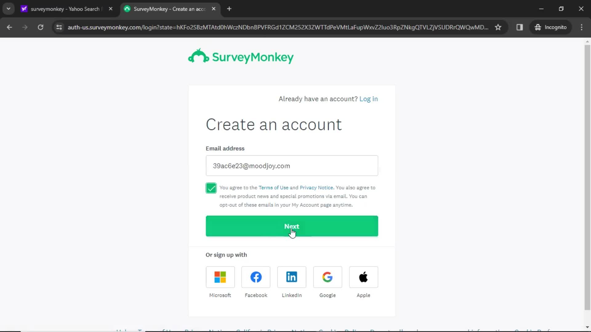 SurveyMonkey continue screenshot