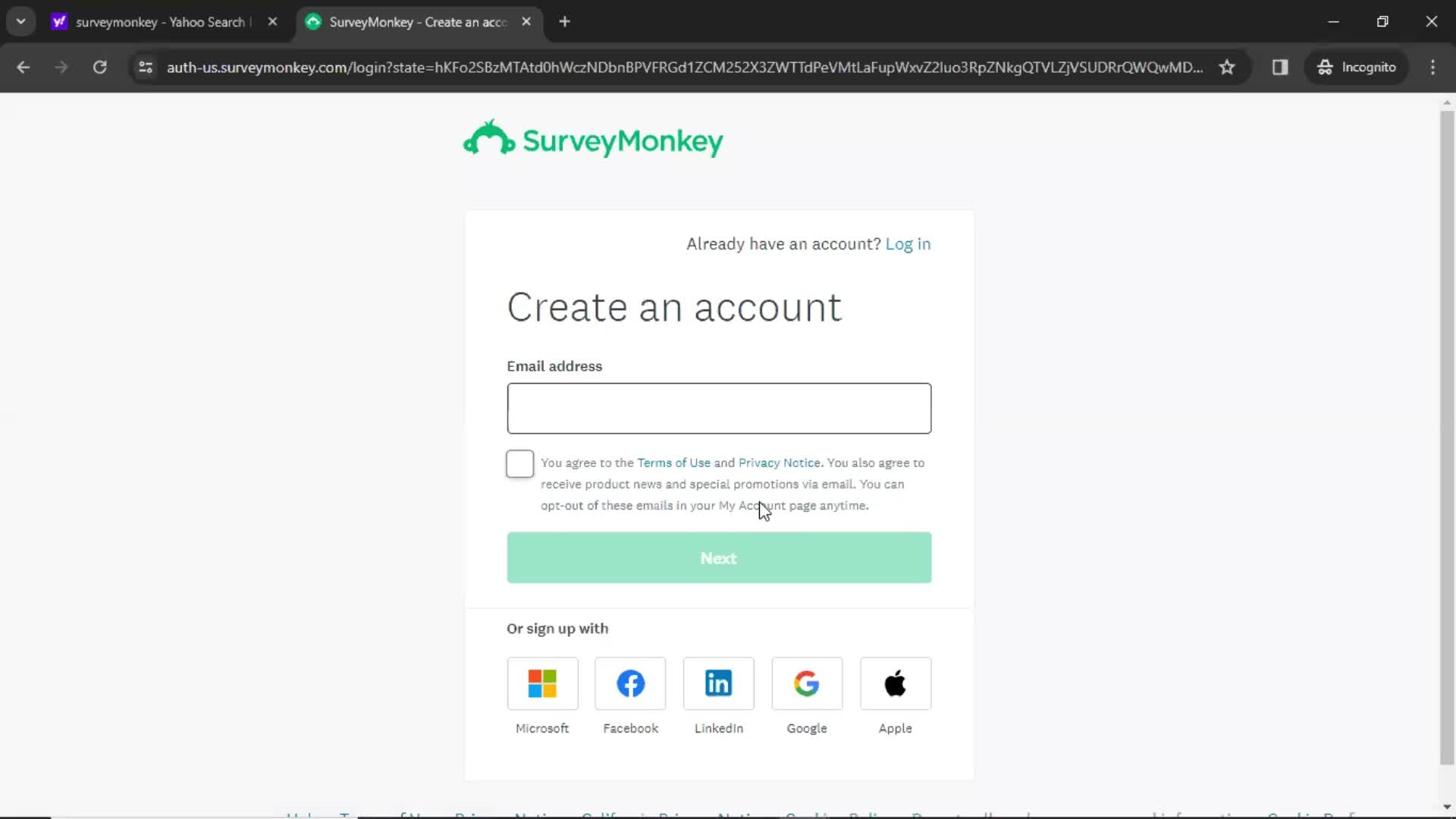 SurveyMonkey enter email screenshot