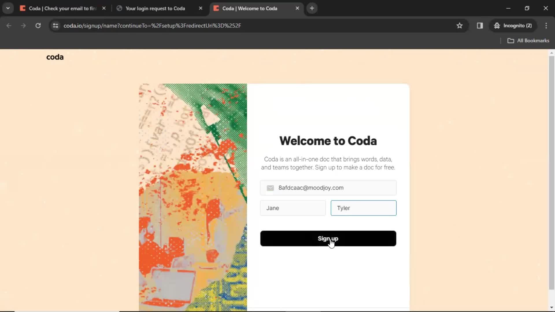 Coda sign up screenshot