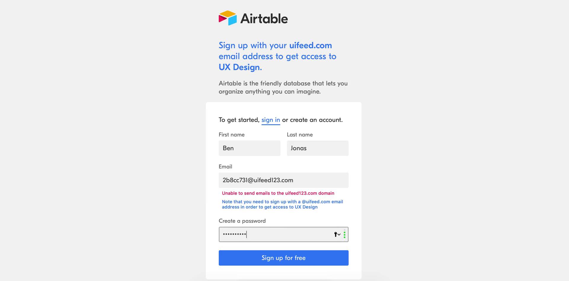 Airtable share link sign up page with incorrect email domain error