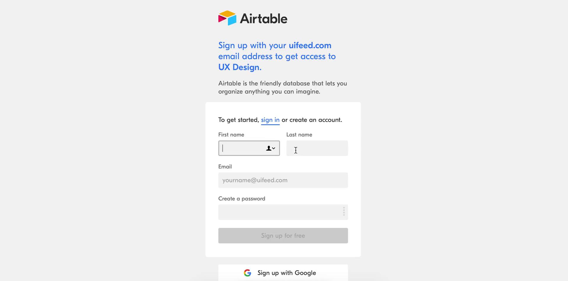 Airtable share link sign up page