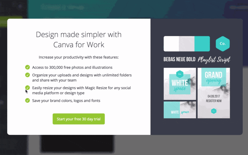 A GIF of upgrading an account on Canva