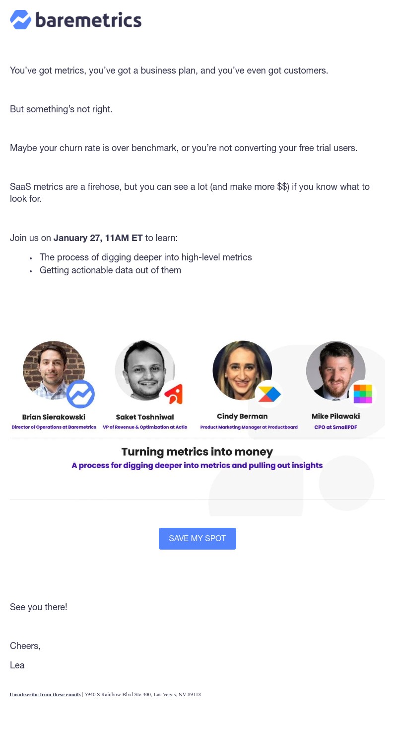 Baremetrics - Free Webinar: Turning SaaS Metrics Into Money 💸