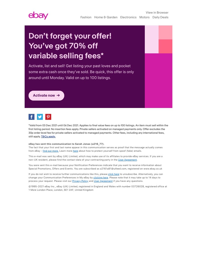 eBay - Don’t forget your offer! 70% off variable selling fees. ⏰🤑