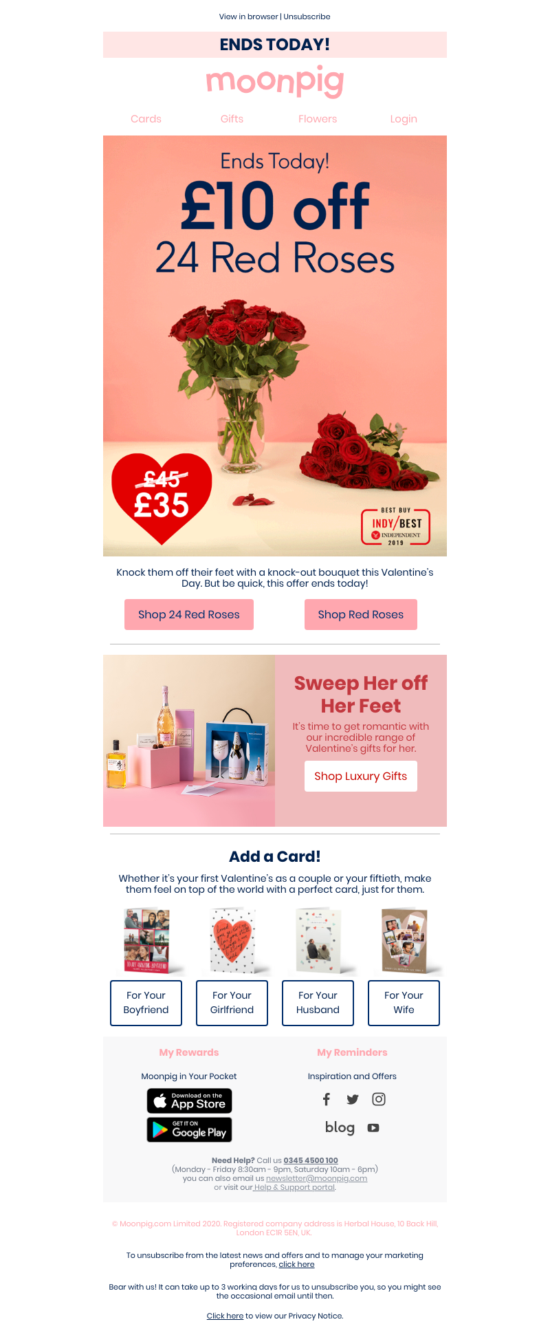 Moonpig - ENDS TODAY £10 off 24 red roses!