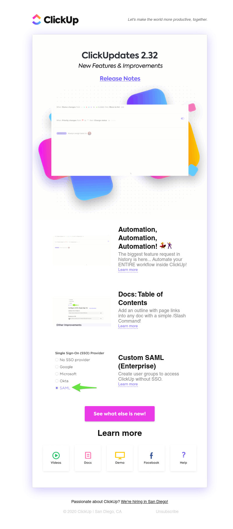 ClickUp - ClickUpdates 2.32 🤖AUTOMATIONS 🤖, Doc Table of Contents, Custom SAML, and more!