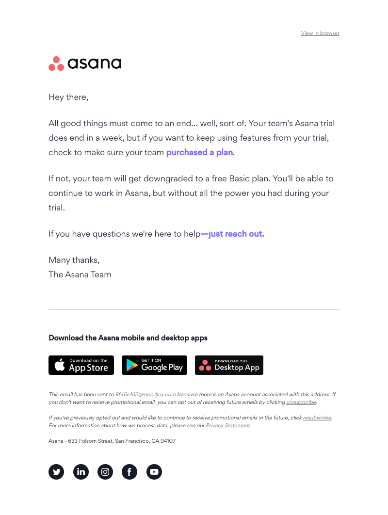 Asana - Your trial is ending soon