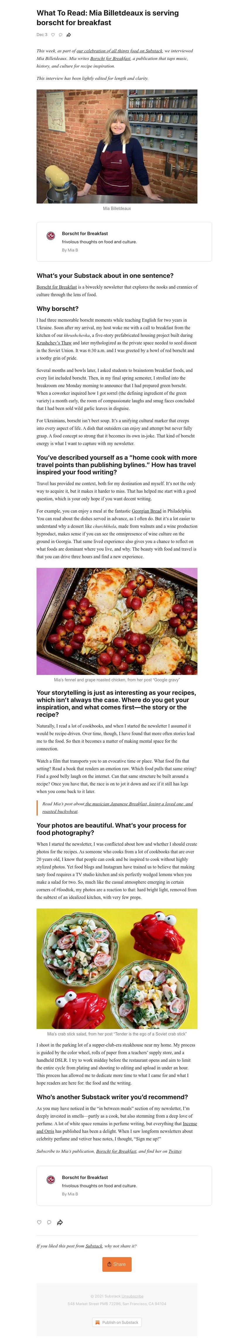 Substack - What To Read: Mia Billetdeaux is serving borscht for breakfast