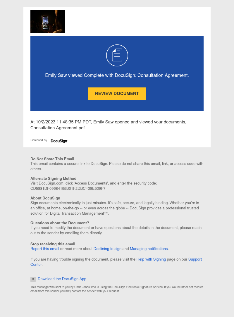  - Emily Saw viewed Complete with DocuSign: Consultation Agreement