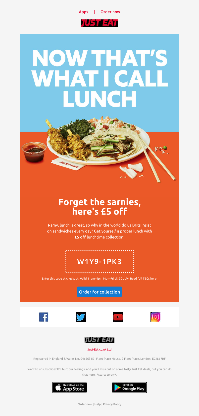 Just Eat - Ramy, here’s £5 off your lunch today