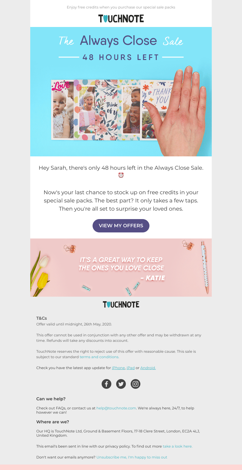 TouchNote -  Sarah, 48 hours left to claim free cards! ⏰