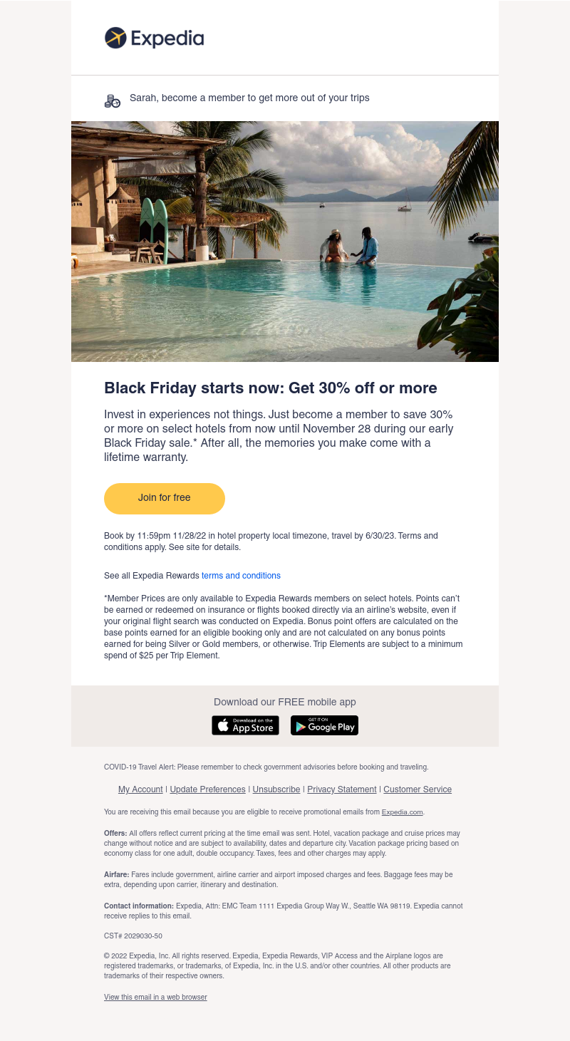 Expedia - Join to save 30% for an early Black Friday sale