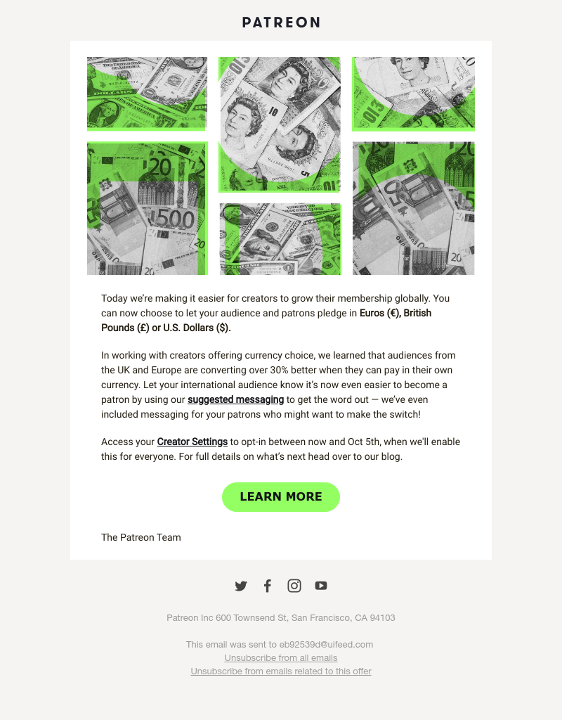 Patreon - Grow your membership with new currencies: €, £ and U.S. $