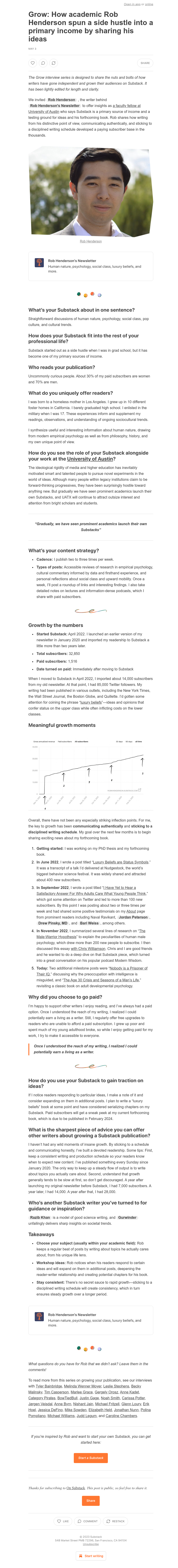 Substack - Grow: How academic Rob Henderson spun a side hustle into a primary income by sharing his ideas