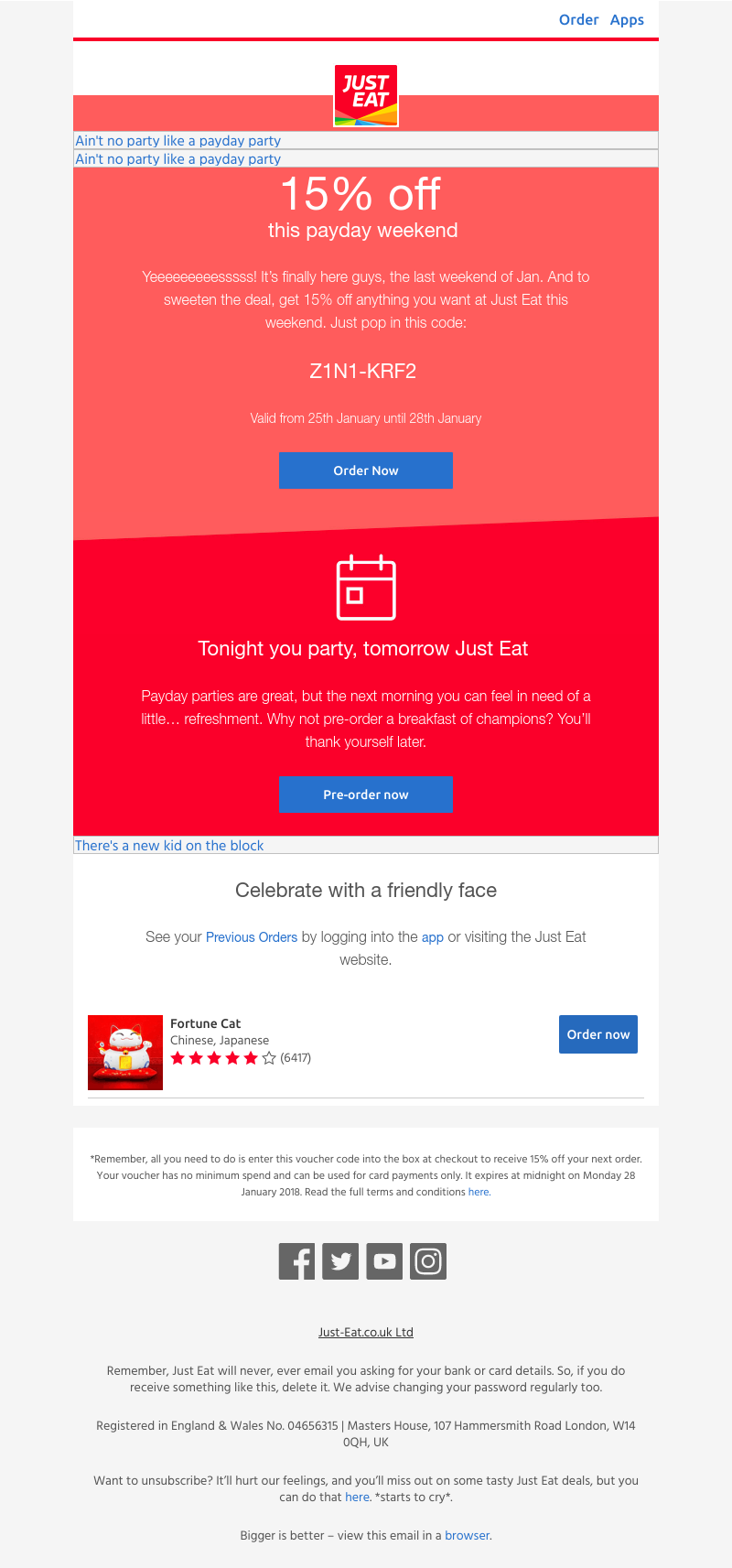 Just Eat - 15% off for payday