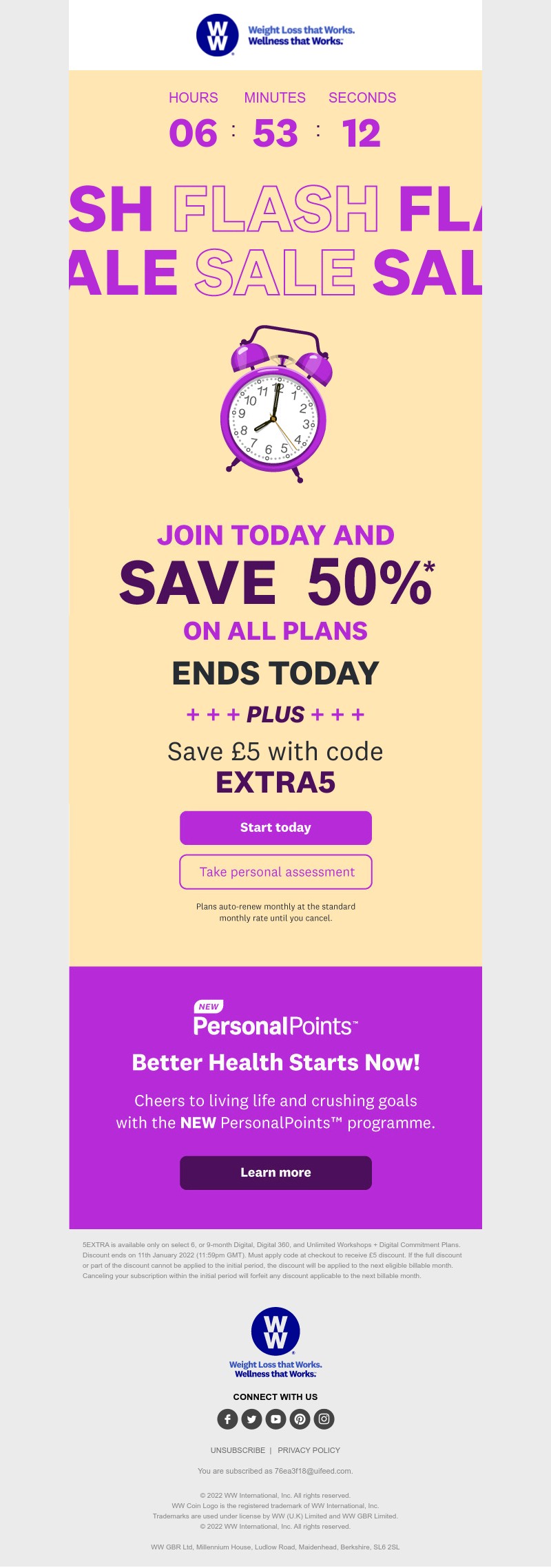 WW (Weight Watchers) - Ends today! - 50% + £5 bonus on all plans!