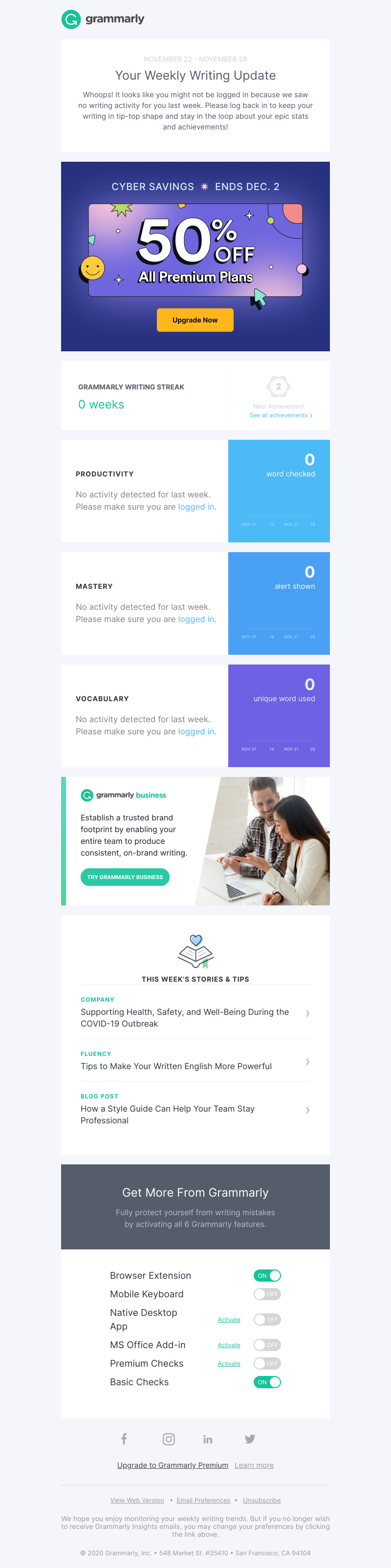 Grammarly - Your Weekly Writing Stats + 50% off all Premium plans inside! 🤩