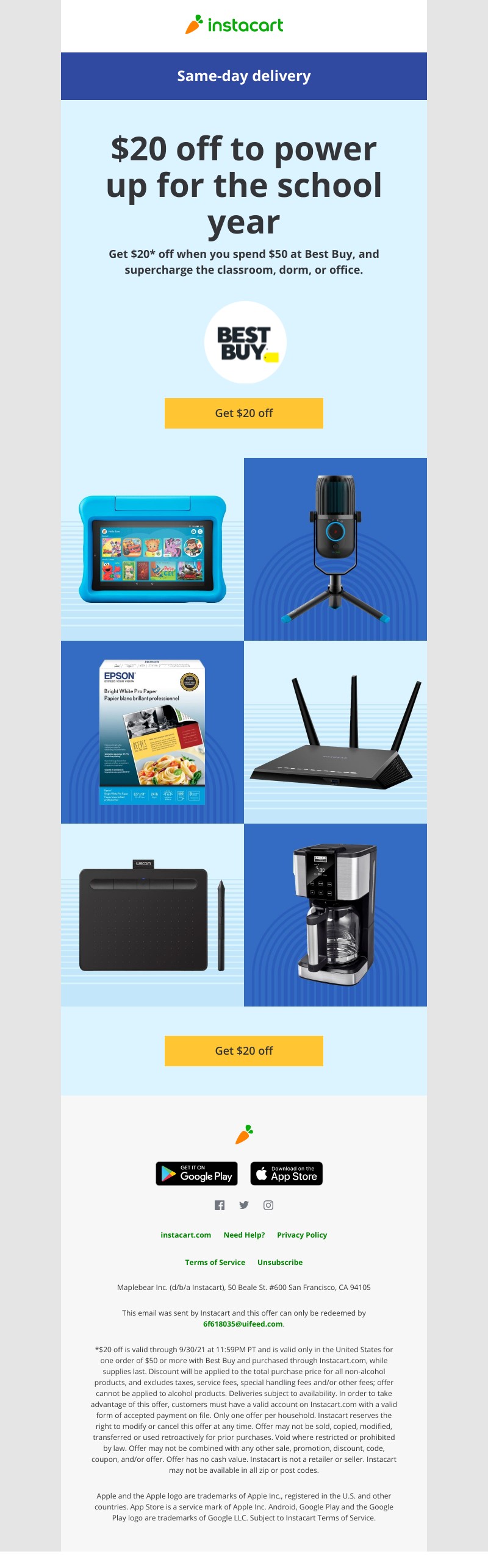 Instacart - School Days Deal: $20 off at Best Buy