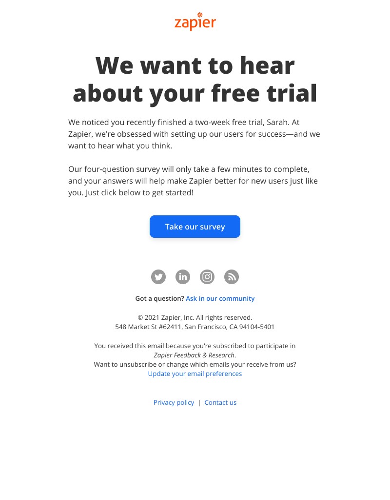 Zapier - How was your free trial, Sarah?