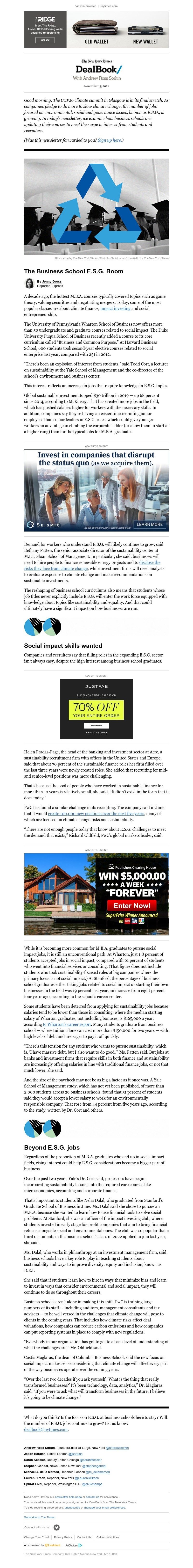 The New York Times - DealBook: M.B.A.s love E.S.G.