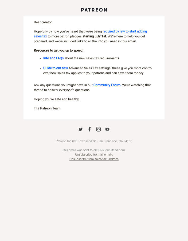 Patreon - New Sales Tax requirements on Patreon
