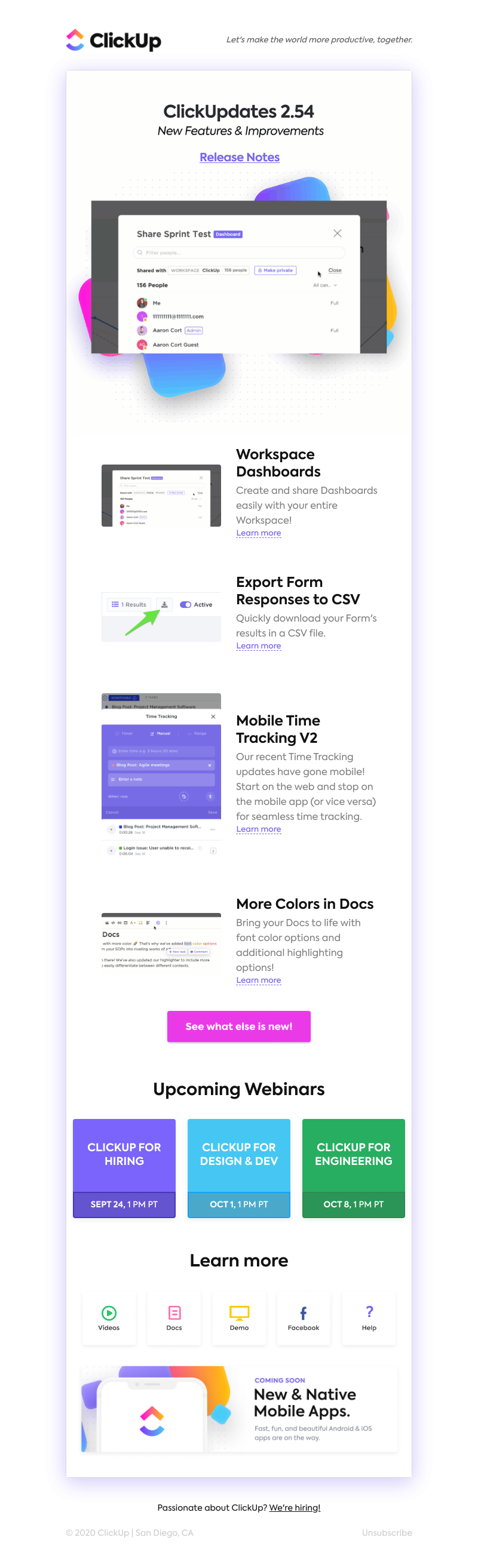 ClickUp - Workspace Dashboards 📄 Export Form Responses to CSV 📲 Mobile Time Tracking V2 🌈 More Colors in Docs ➕ More! 