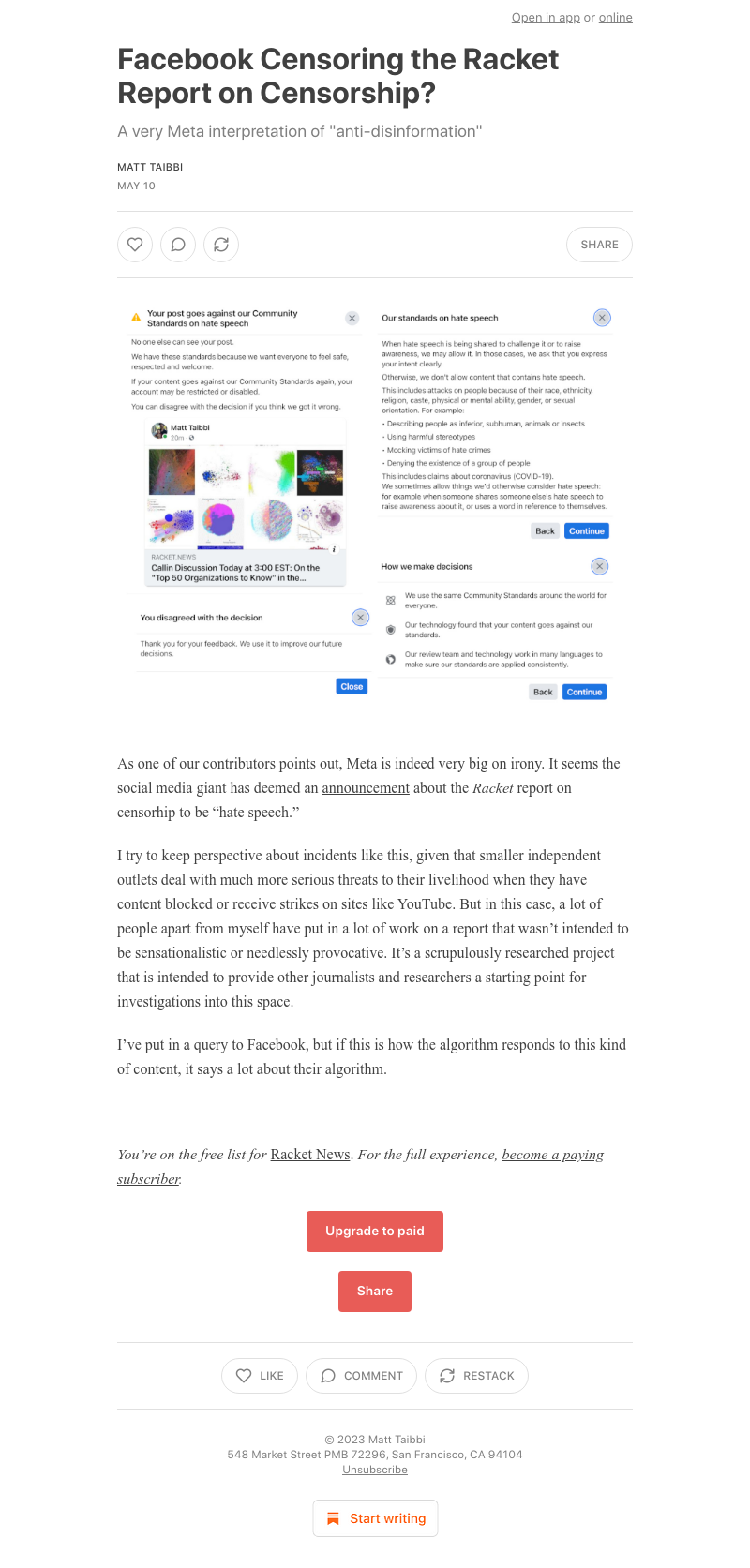 Substack - Facebook Censoring the Racket Report on Censorship?