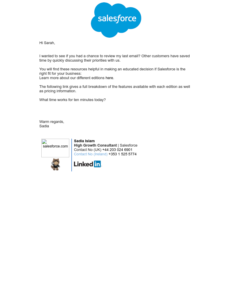 Salesforce - Sarah, Salesforce- Missed call.