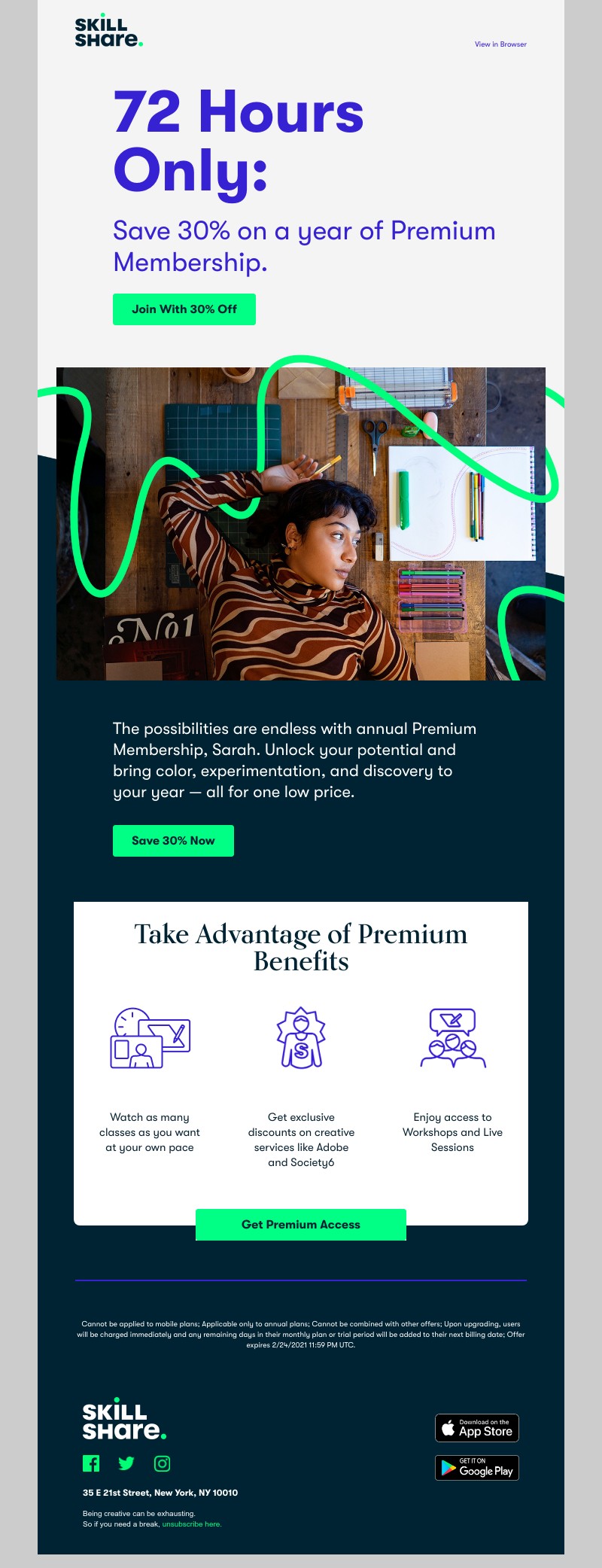 Skillshare - Surprise, Sarah: Save 30% on Premium Membership