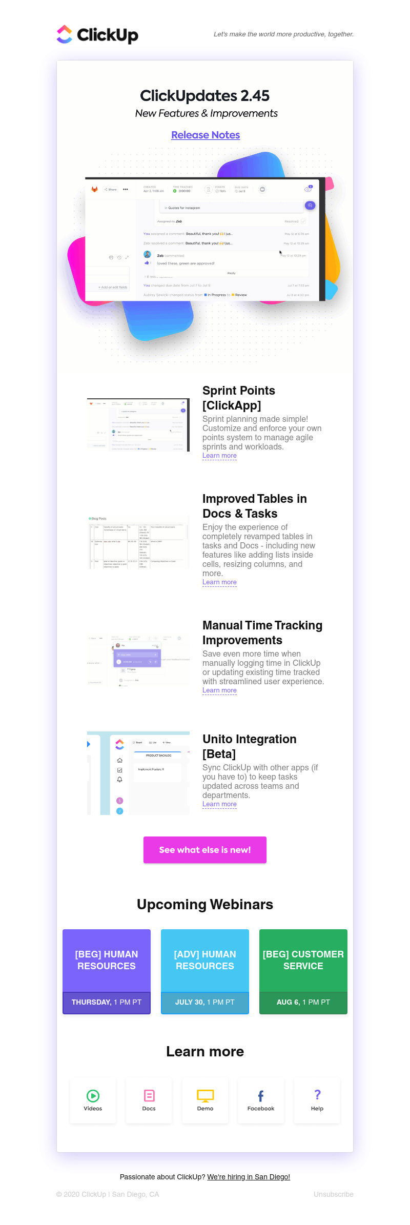 ClickUp - ClickUpdates 2.45 🏃‍♂️Sprint Points, Improved Tables, Unito Integration, more!