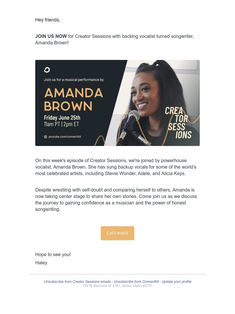 ConvertKit - 🎤 STARTING NOW: Backing Vocalist Turned Songwriter, Amanda Brown on Creator Sessions