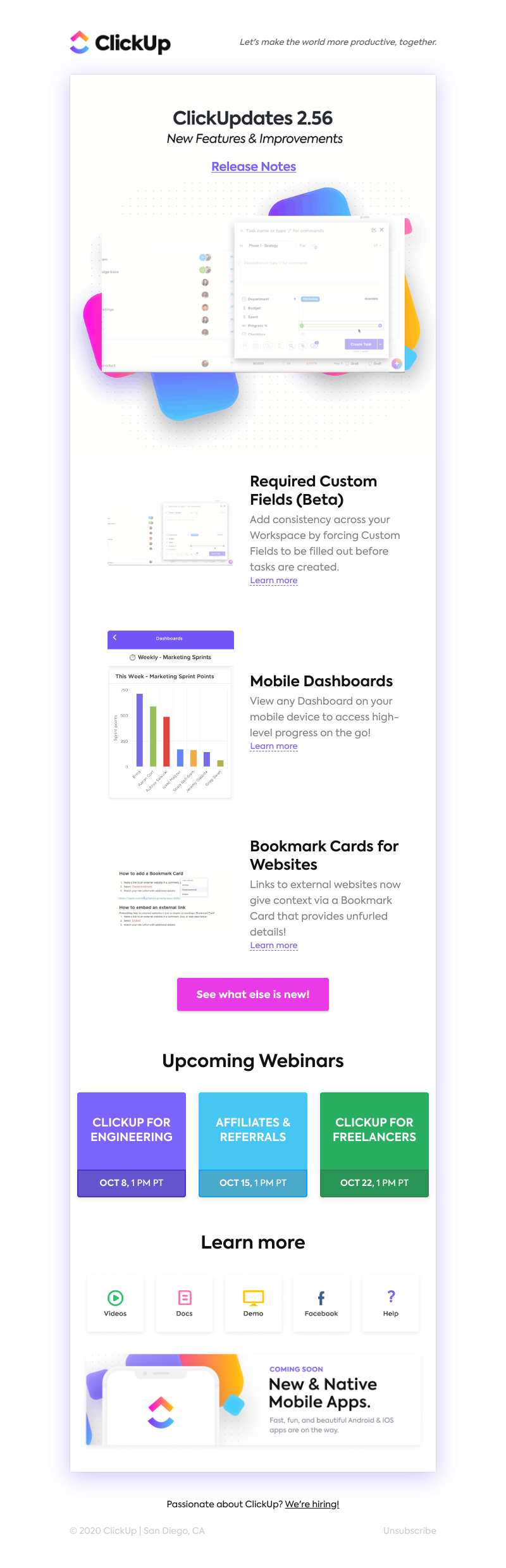 ClickUp - Required Custom Fields (Beta), Mobile Dashboards, Bookmark Cards for Websites, and more!