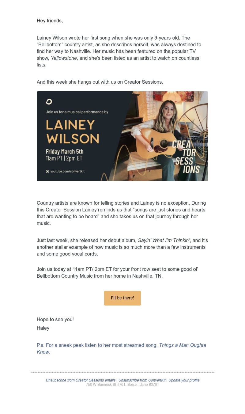 ConvertKit -  Creator Sessions : 🎤 🎤 Lainey Wilson performs hits from her wildly successful debut album, Sayin' What I'm Thinkin' 