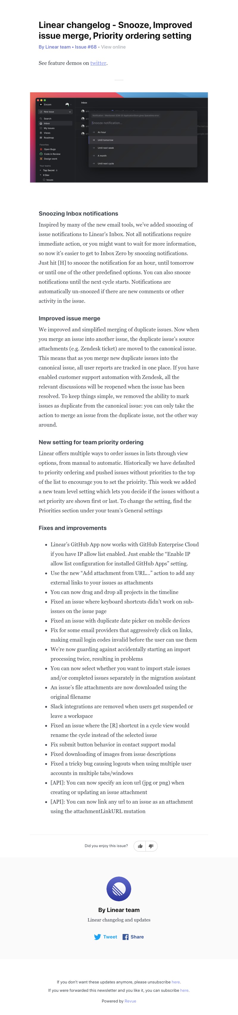 Linear - Linear changelog - Snooze, Improved issue merge, Priority ordering setting