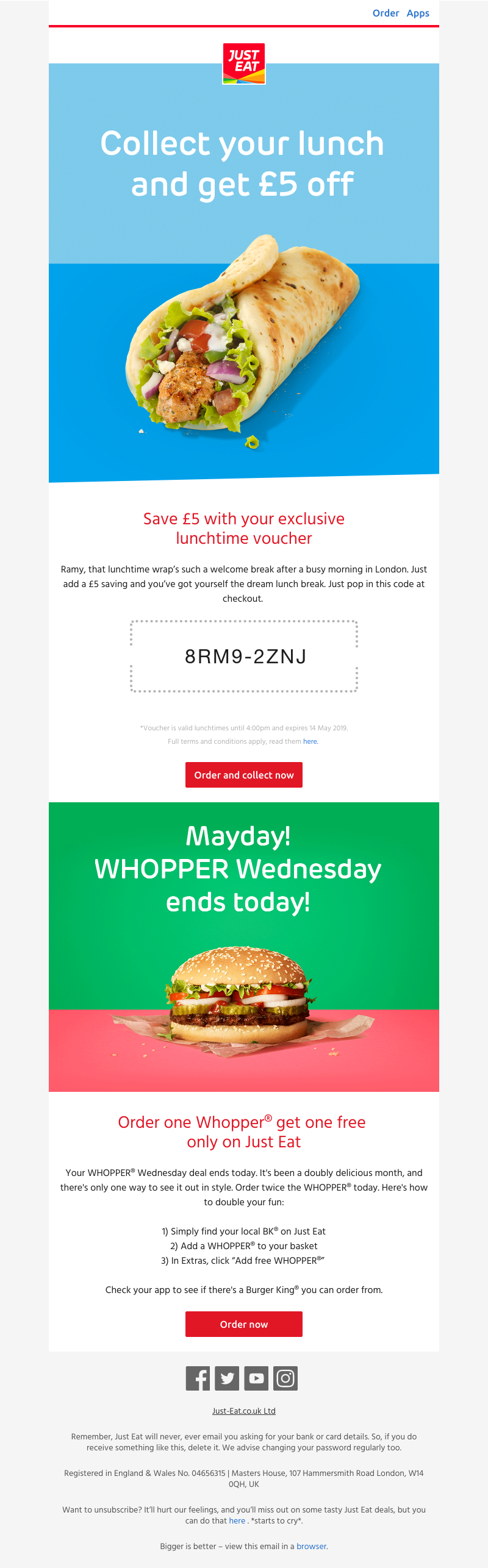 Just Eat - Lunch is sorted, collect and get £5 off