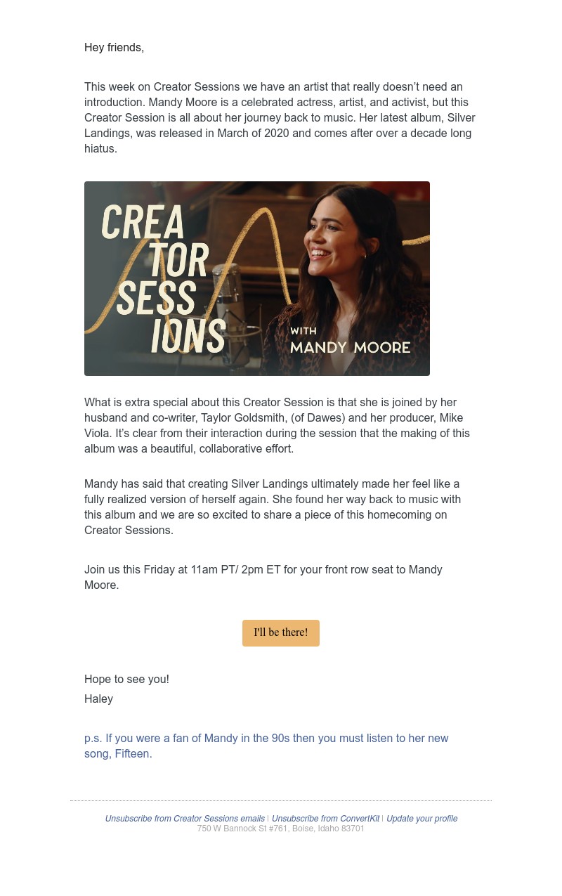 ConvertKit -  TODAY : 🎤 🎤 Mandy Moore Performs New Music on Creator Sessions after a Decade Long Hiatus 