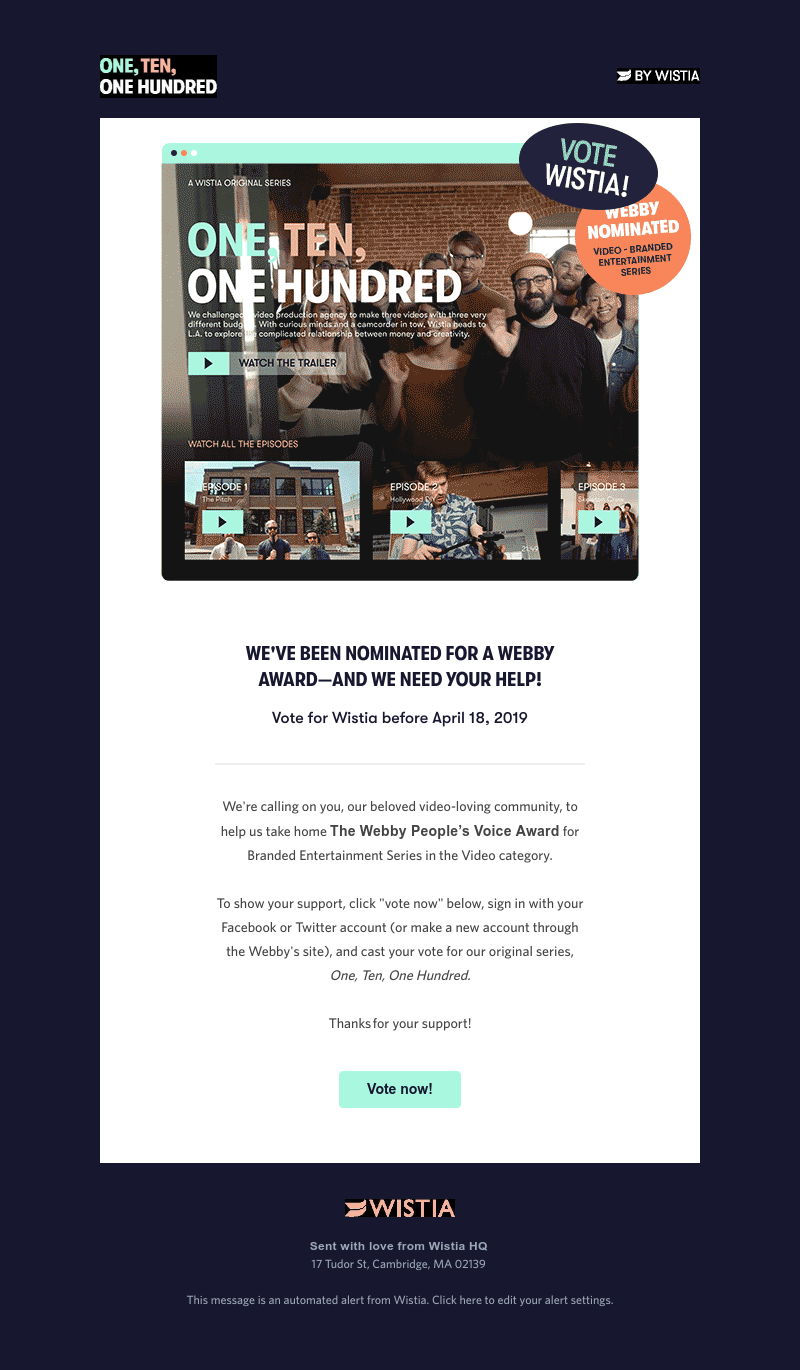 Wistia - Cast your vote! Help Wistia win a Webby Award 🏆