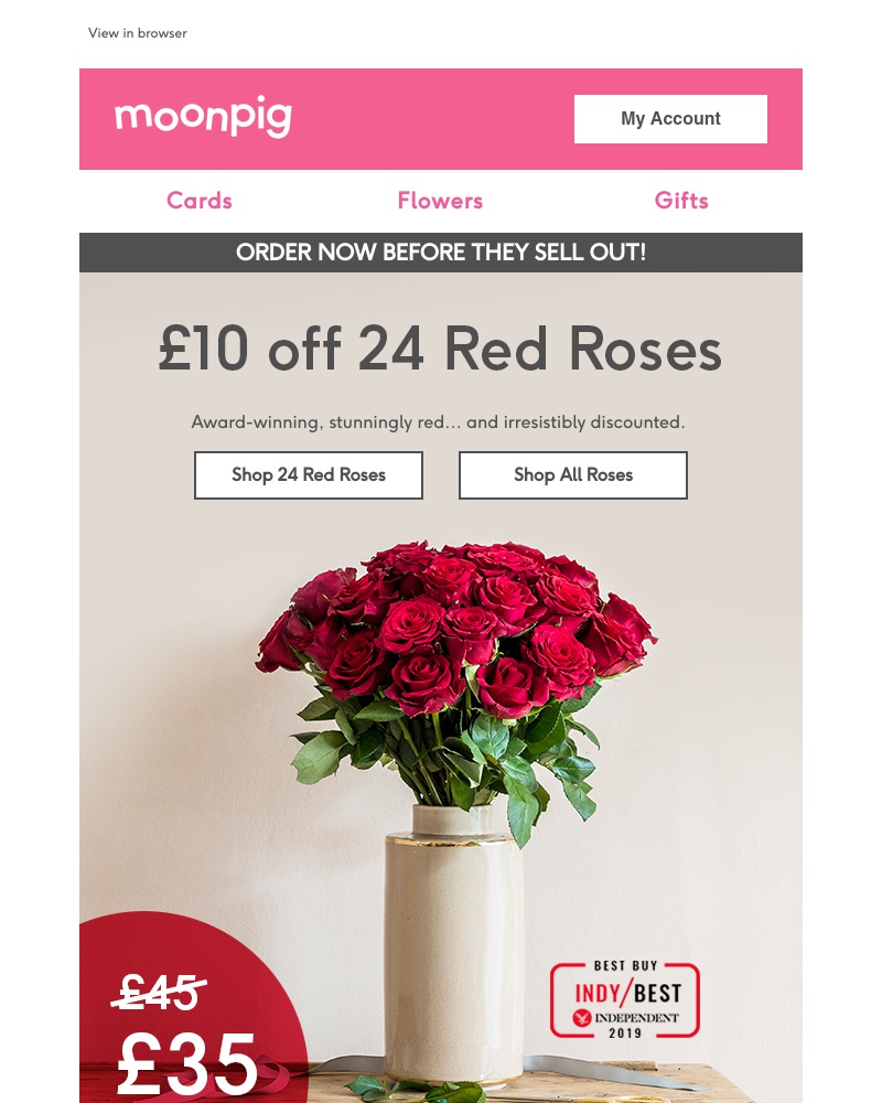 Moonpig - £10 off 24 Red Roses for a LIMITED time only!