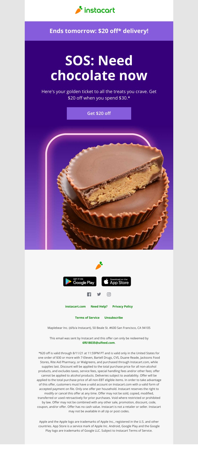Instacart - Get chocolate and $20 off–stat!