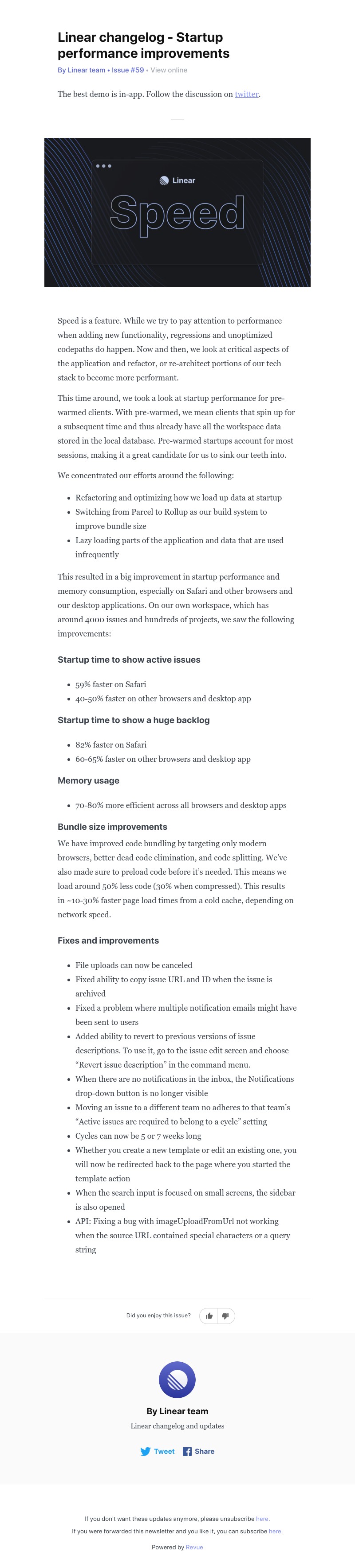 Linear - Linear changelog - Startup performance improvements