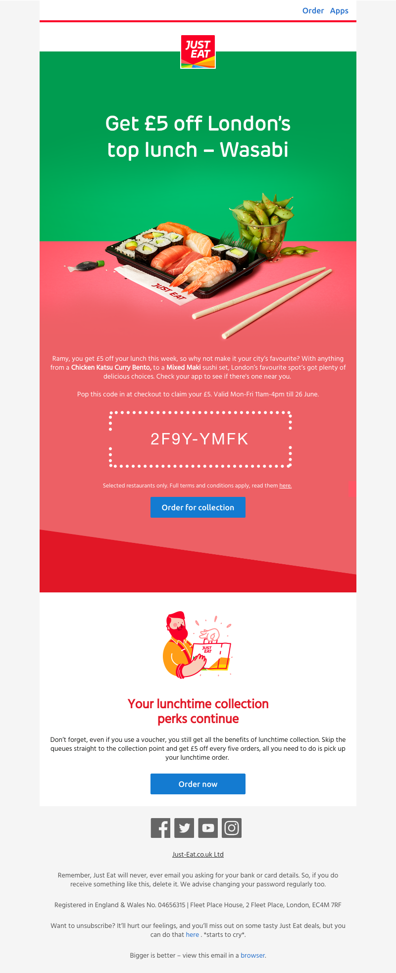 Just Eat - Ramy, get £5 off London’s favourite for lunch today