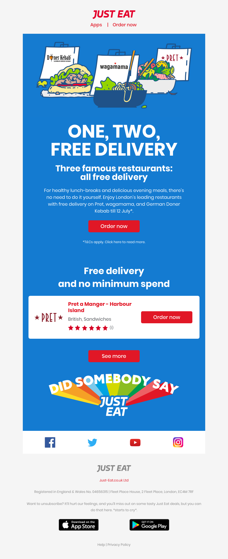 Just Eat - Free delivery on Pret, wagamama, and German Doner Kebab